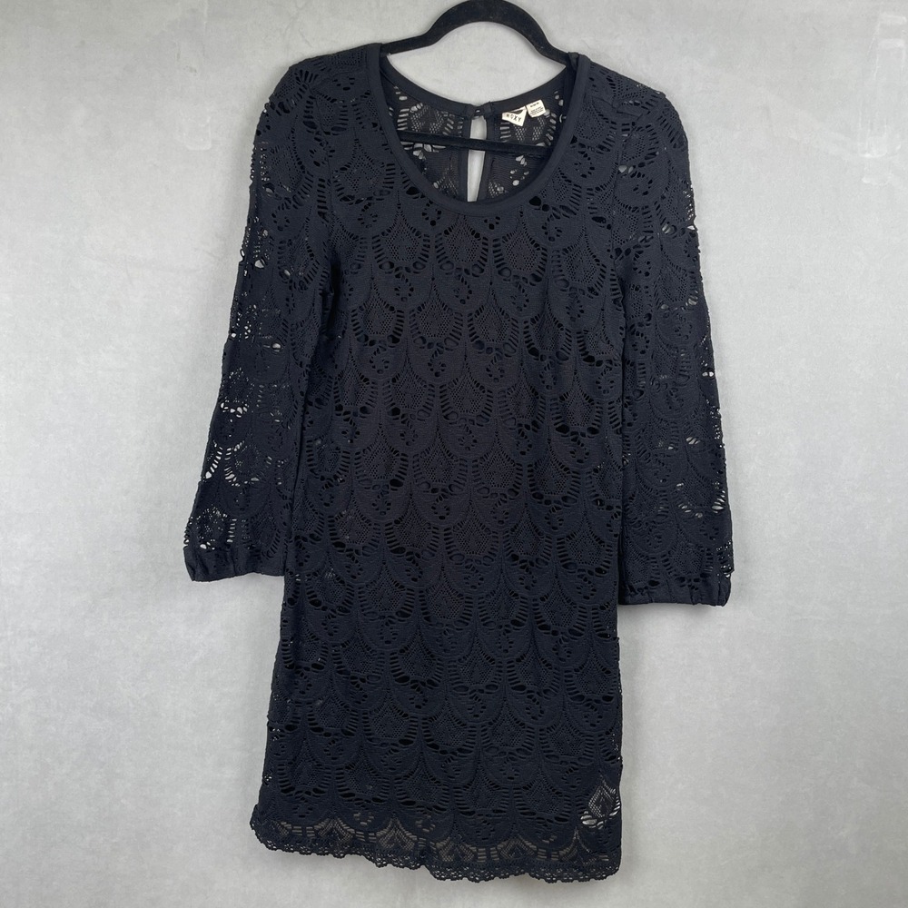 Roxy Crochet Dreams Black Lace Mini Dress Long Sleeve Boho Whimsigoth Romantic M